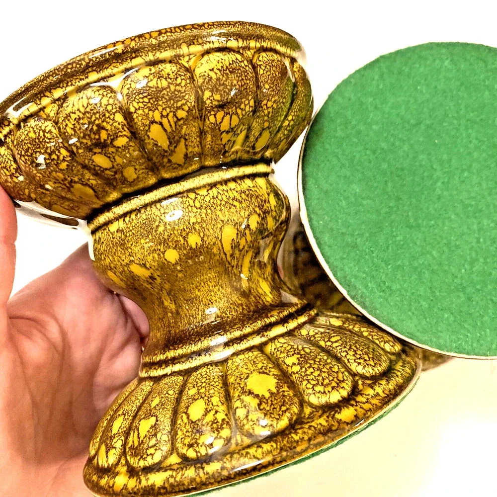 VTG Mid Century Candle Holder Pair Taper Pillar Pottery Ceramic Mottled Green